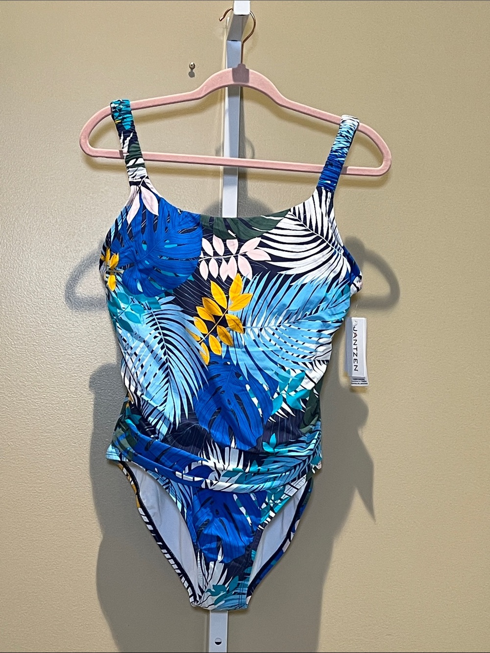 Jantzen Blue Tropical Leaf One-Piece Swimsuit with Yellow Accents